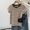 Women's American Stripe Color Block Straight Shoulder Tee - 2025 Summer Slim Fit, Short Sleeve, Hot Girl Style