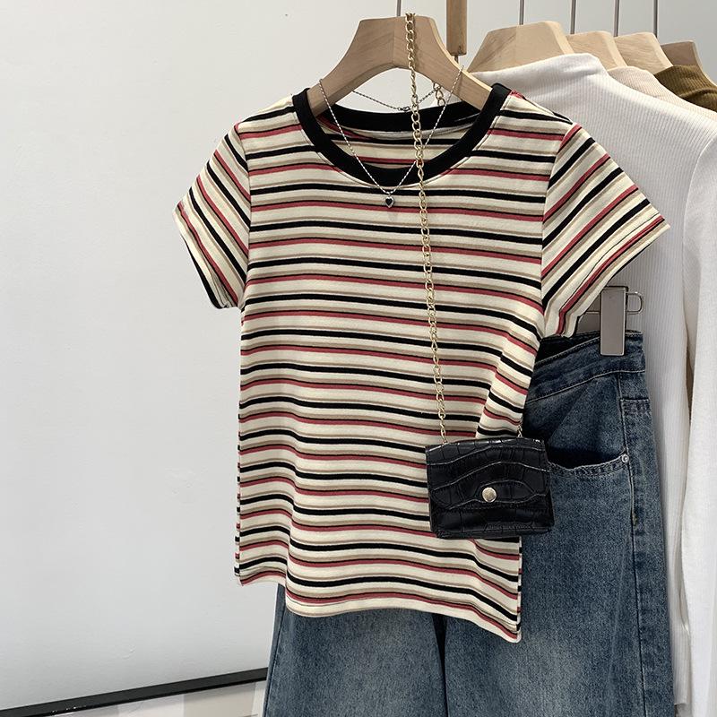 Women's American Stripe Color Block Straight Shoulder Tee - 2025 Summer Slim Fit, Short Sleeve, Hot Girl Style
