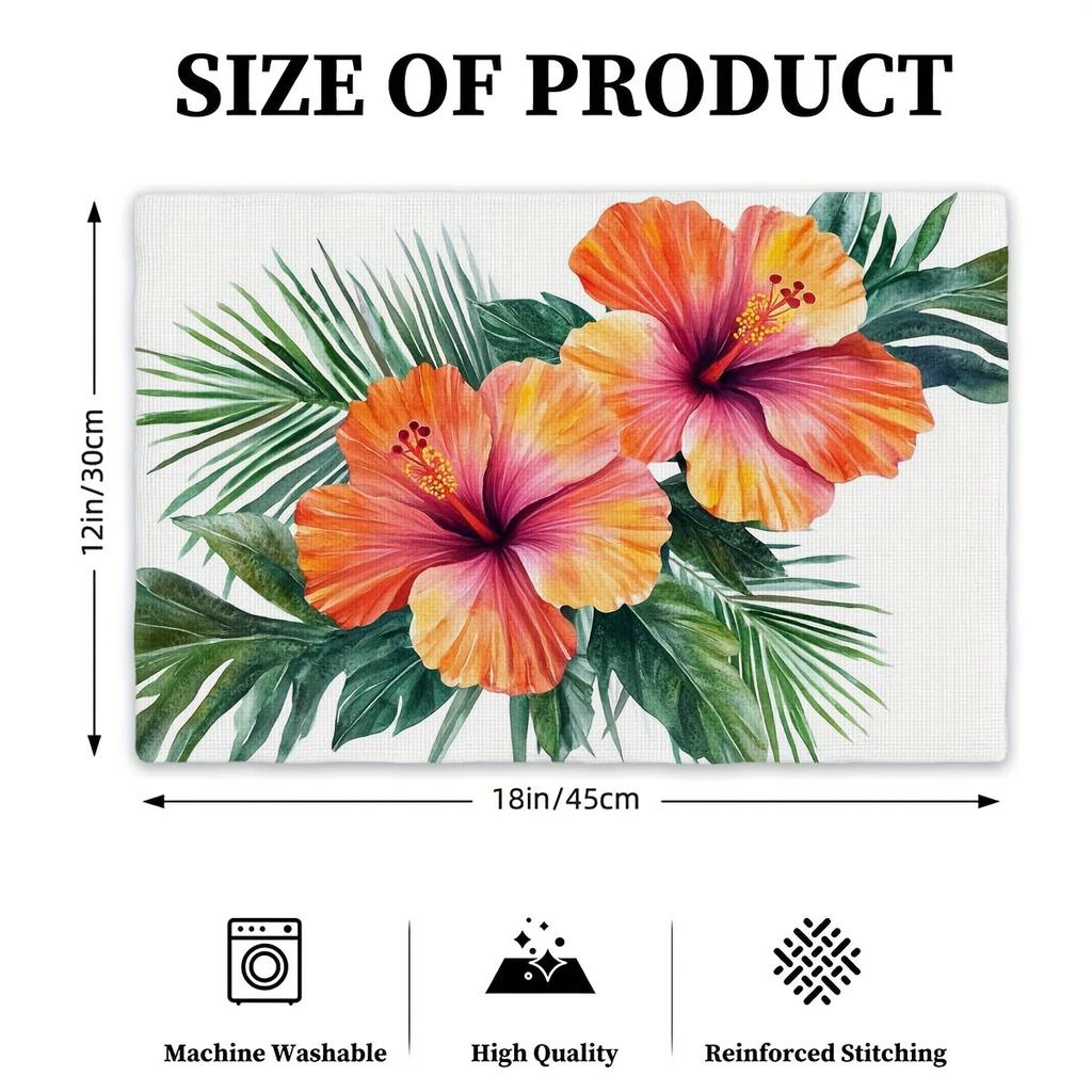 4pcs Tropical Flower and Leaf Table Mats - 12x18 Inch Polyester, Vibrant Orange Hibiscus & Green Palm Design, Perfect for Home, Party, Kitchen & Dinin