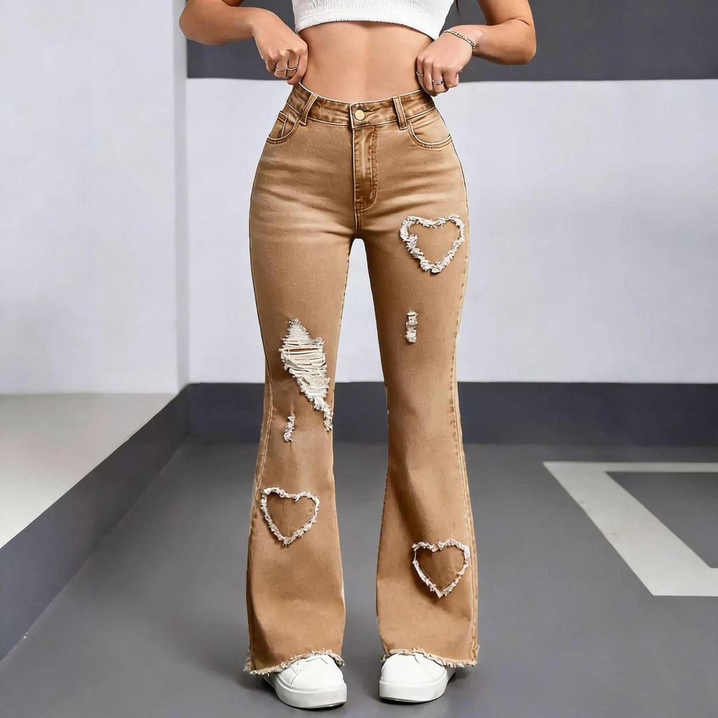 Damen Vielseitige Hell-/Dunkelblaue Schlagjeans mit Modischer Herz-Verzierung und Ripped-Design - Kollektion 2025
