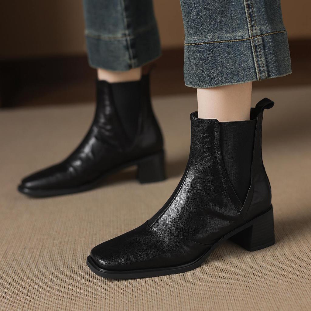 Krazing Pot Sheepskin Square Toe Med Heels Chelsea Boots Size 42 Zip Women Pleated Decoration Vintage Ankle Boots