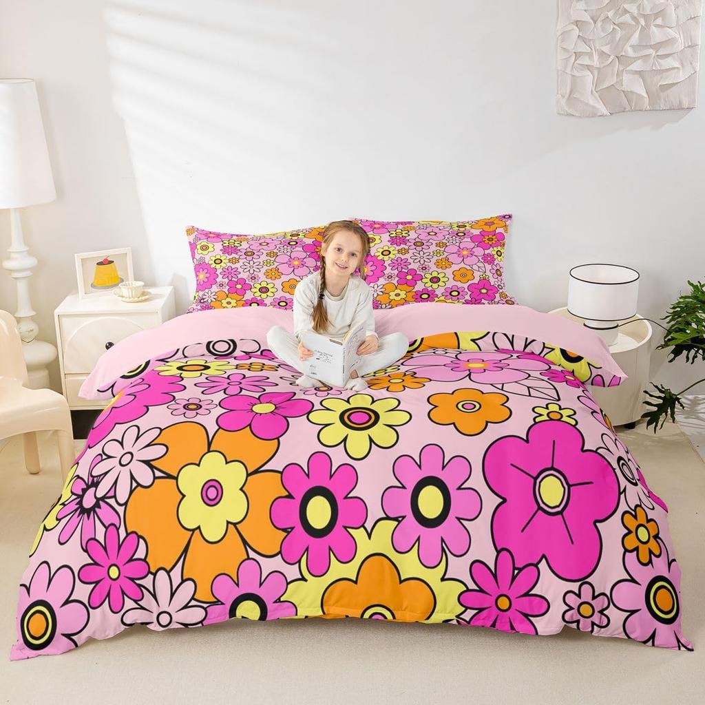 Erosebridal 60S 70S Hippie Duvet Cover Twin Vintage Boho Sun Bedding Set Groovy Flowers Clouds Love Hearts Comforter Cover for Kids Girls Te