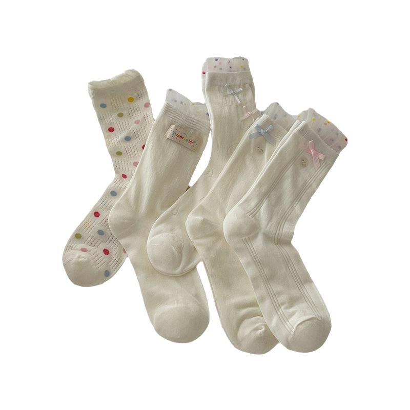 Bílé ponožky, Dámské podzimní látkové štítkové ponožky do půli lýtek, Sladká mašle, Krajková lemovka, Froté ponožky, Bezkostní