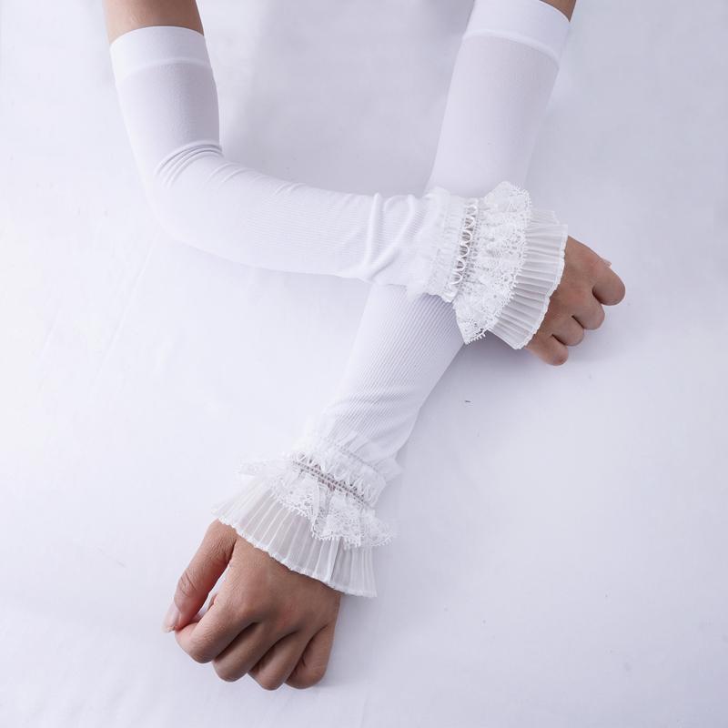 Elegant Women Ruffle Solid Color Long Flare Sleeves Arm Cover Outdoor Sun Protection Driving Elastic Fingerless Gloves