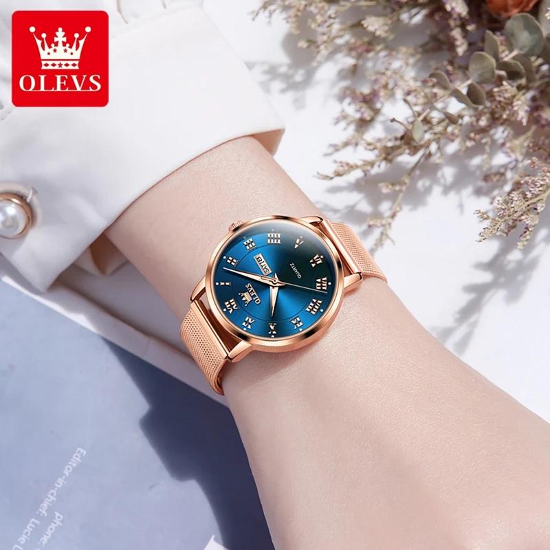 OLEVS Wasserdichte Quarzuhr für Frauen mit Doppelkalender, Milanese-Stahlarmband, Damen-Handuhr, luxuriöse Original-Kleideruhren