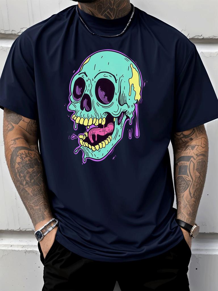 Unisex Summer Neon Drip Skull Print T Shirt Streetwear Crew Neck Soft Breathable Hip Hop Punk Top Male Daily Short Sleeve Tee