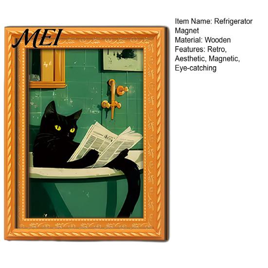Flexible Magnetic Picture Frames for Fridge Funny Wooden Magnets Frame, Retro Cute Cat in Bathroom Soft Photo Display Set Refrigerator Locker