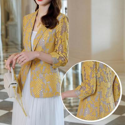 Yellow Lace Small Suit Jacket Female Thin Summer Petite Fashion Temperament Seven-minute Sleeve Skeleton Suit Blouse
