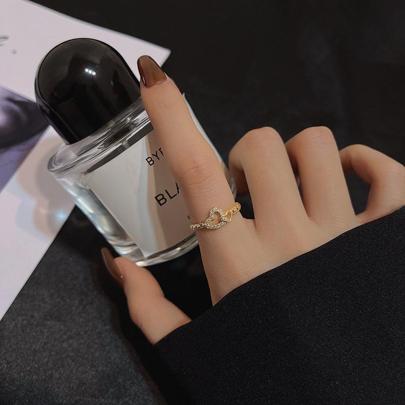 Fashion Double Heart Open Rings For Women Gold Color Crystal Chain Ring Girls Korean Party Jewelry Gift