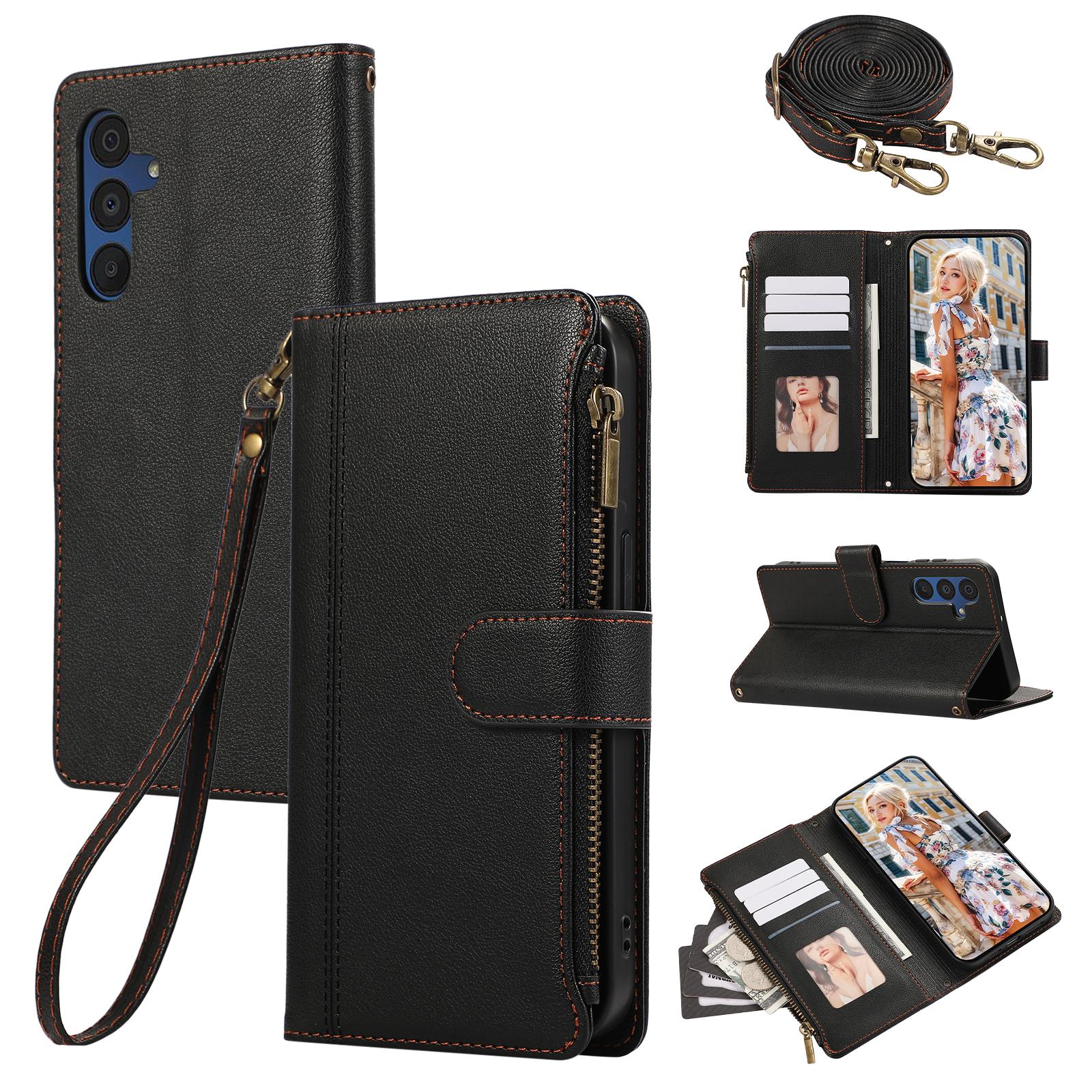 

Чехол для Samsung Galaxy A56 5G с несколькими отделениями для карт, на молнии, кожаный чехол для телефона с плечевым ремнем/ремешком на запястье Black