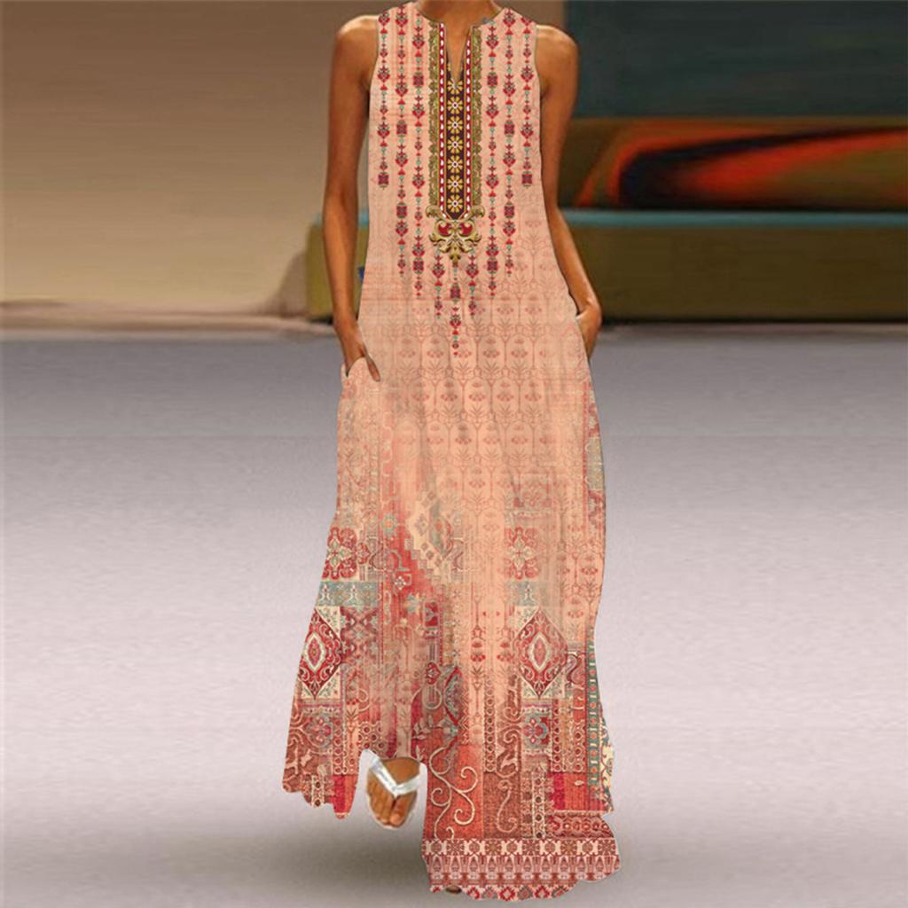 Yousheng Lady Maxi Dress with Pockets Flower Printing A-line V Neck Sleeveless Loose Full Length Dress for Vavation Beach Parties