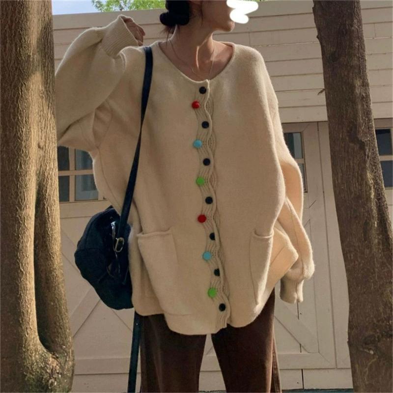 Large Color Wool Ball Knitted Cardigan for Women In Autumn and Winter, Retro Loose and Slimming Design, Sweater Jacket