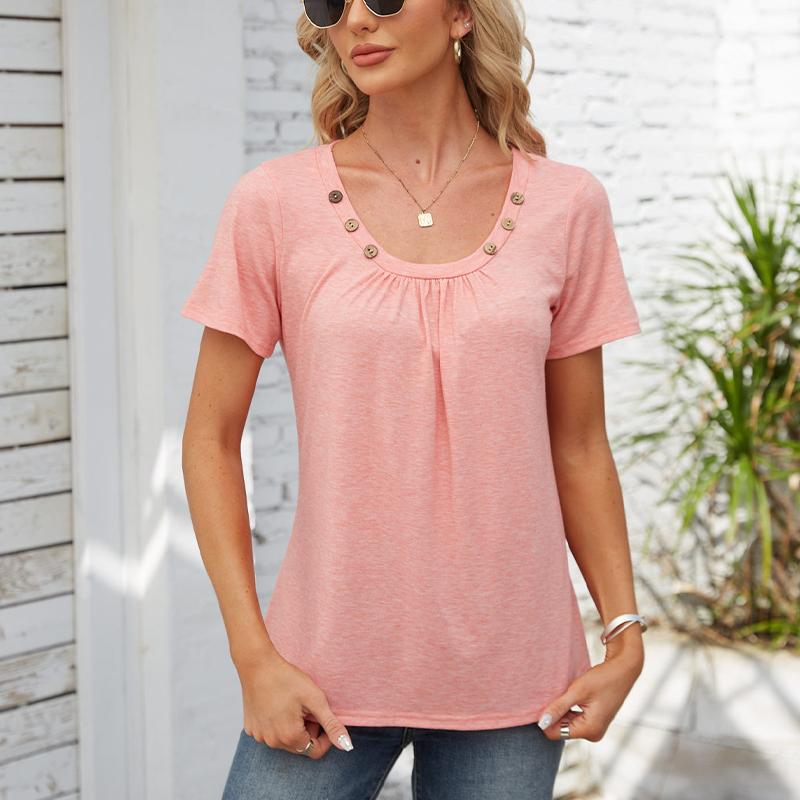 Women's Square-neck Top Pleated Solid Color Loose Button T-shirt
