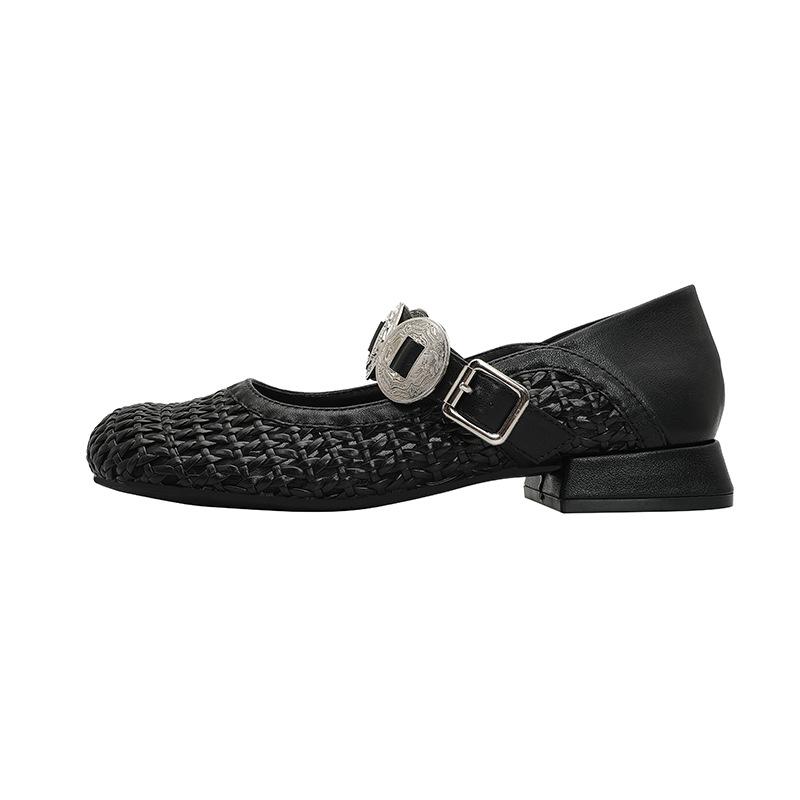 Woven Hollow Shoes Niche Mesh Toe Shoes Metal Buckle One-strap Women's Shoes Round Toe Flat Mary Jane Shoes