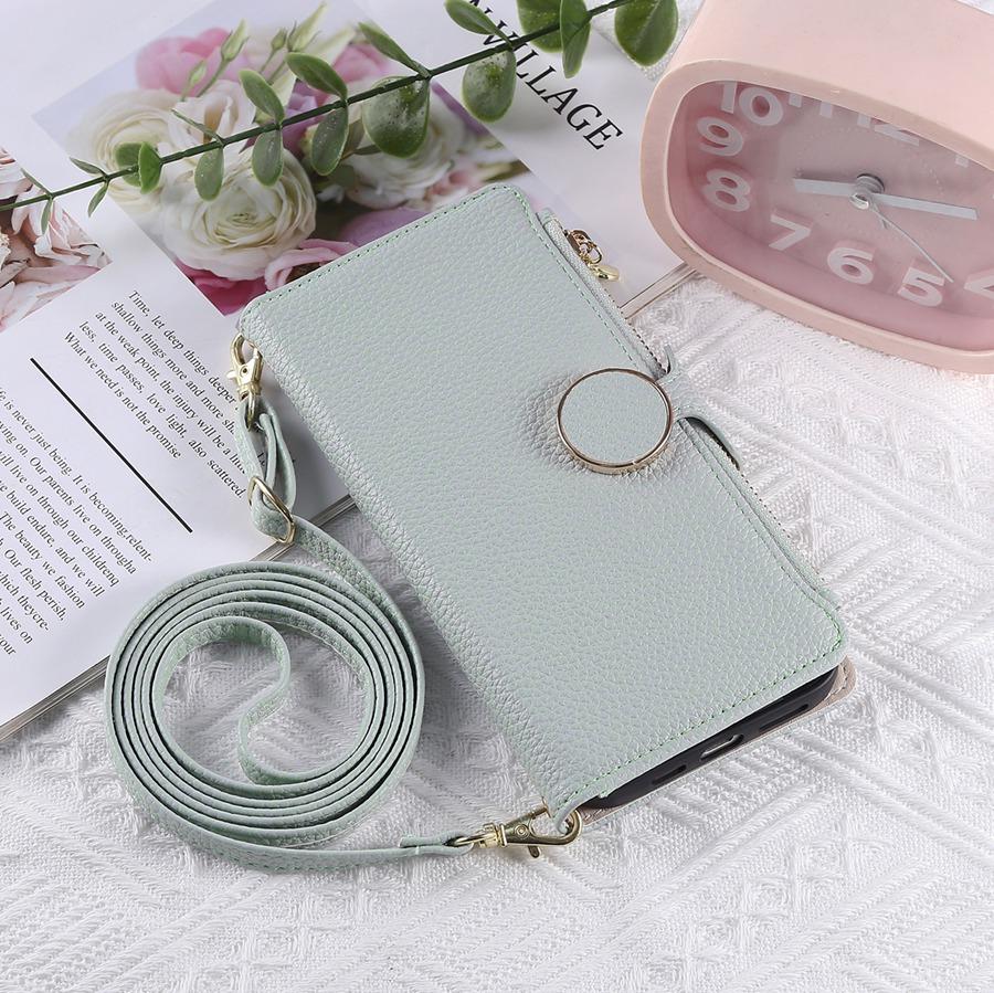 Pentru iPhone Textură Litchi Piele PU Portofel Husă Telefon cu 3 Sloturi pentru Carduri+Buzunar Lateral cu Fermoar+Slot pentru Bani Gheață Șnur Detașabil Huse Telefon Multifuncționale