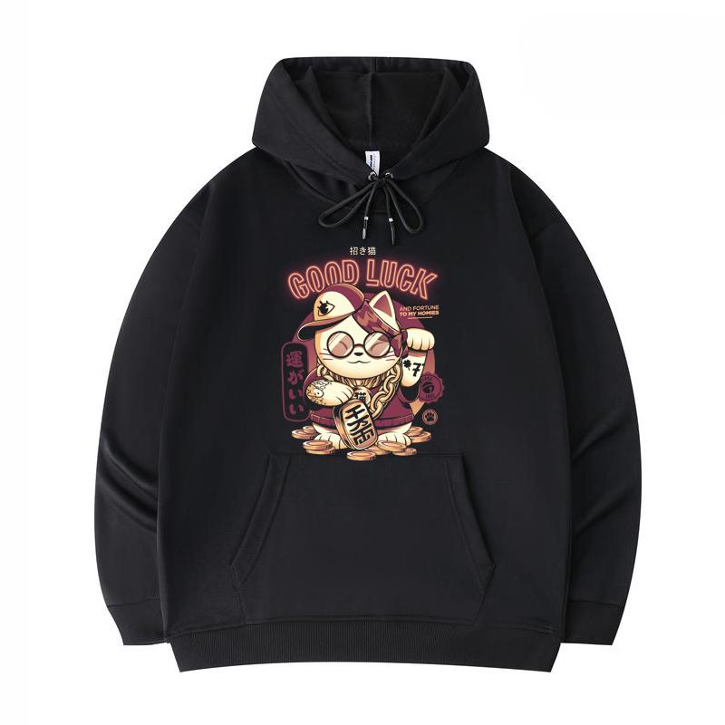 

Мужские толстовки Lucky Cat с забавным принтом Harajuku, саржевые толстовки с имитацией хлопка в стиле Харадзюку