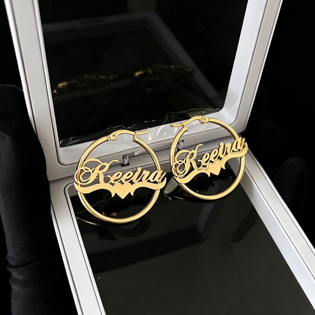 Stainless Steel Custom Personalized Name Hoop Earrings 18K Gold Plated Large Nameplate Jewelry for Women Girls Moms Gifts