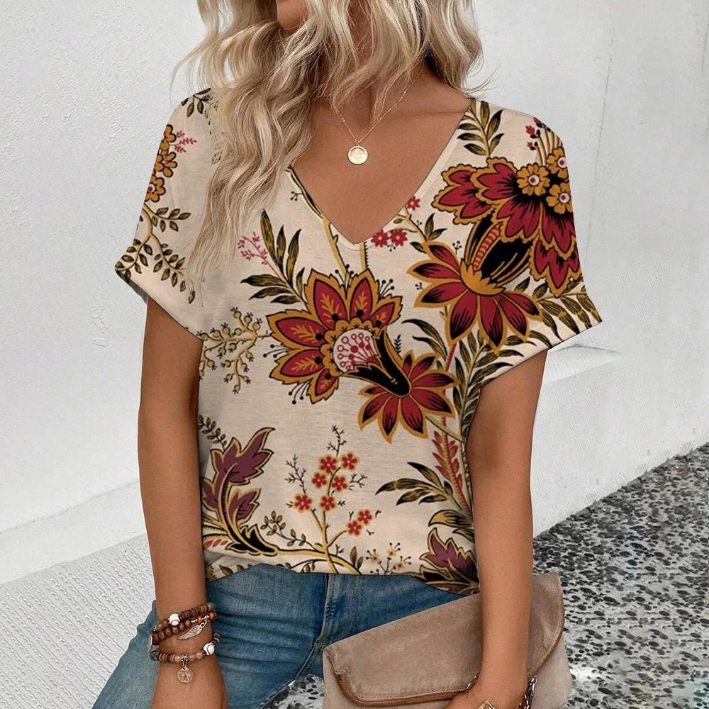 Women's short sleeve Floral T-shirt Casual outdoor V-neck Top 3D Floral print patterns oversized women's clothing