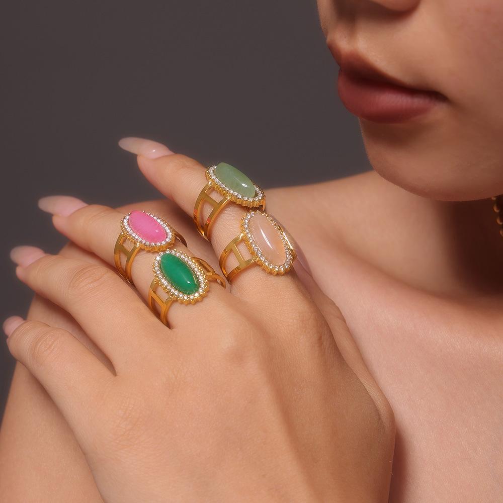 3A Zircon Inlaid Natural Stone Opening Ring 316 Titanium Steel Plated with 18K Gold Adjustable