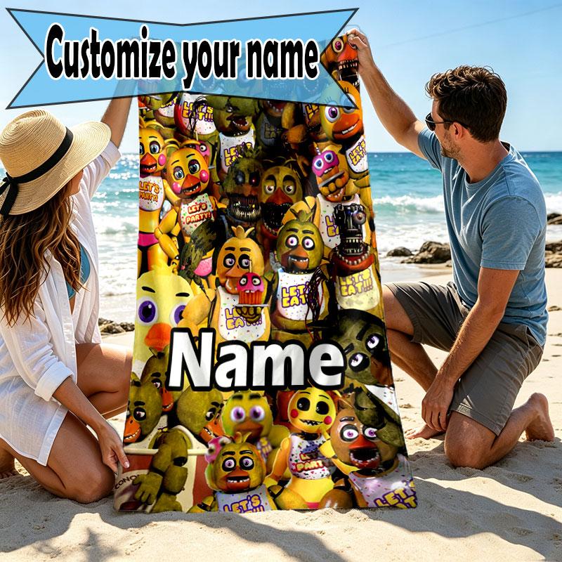 Personalisierter Strandtuch mit individuellem Namen für Five Nights at Freddy's, für Reise Camping Strandparty Heimdekoration, Geburtstagsgeschenk für Familie & Freunde
