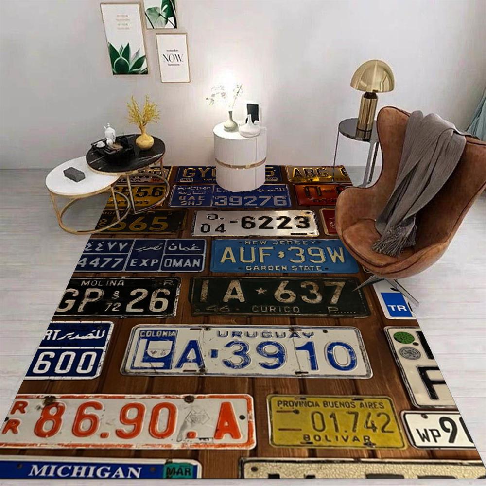 Vintage License Plate Area Rug Retro Car Plates Collage Design Nostalgic Automotive Decor for Living Room Bedroom Non Slip Mat
