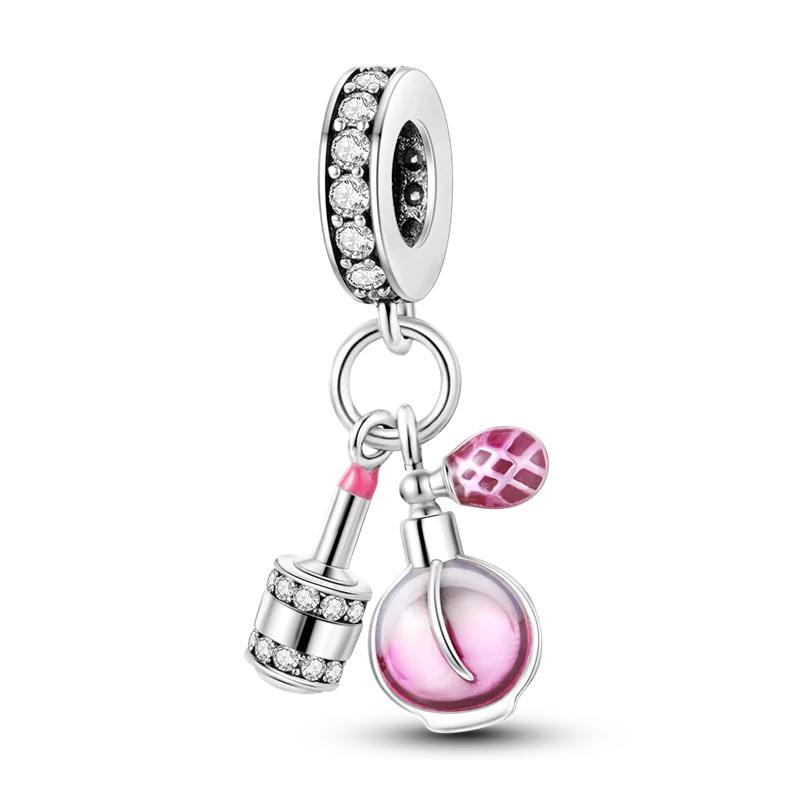 Copper Cute Pink Flowers Heart Pendant Beads Fit 4Mm Hole Diamete Charm Bracelet For Women Diy Jewelry Making Gift