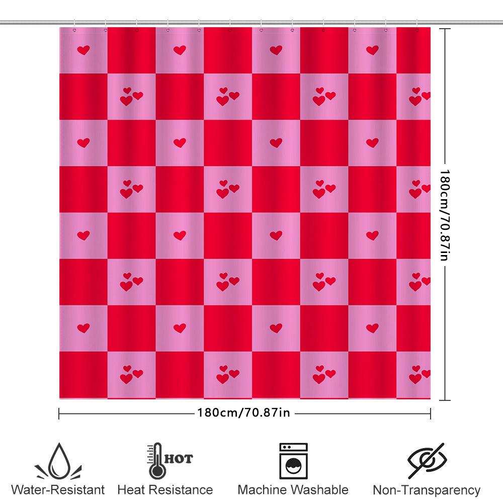 Pink Red Love Heart Checkered Shower Curtain Home Bathroom Decor Waterproof Plastic Rod Pocket 72 x 84 inches (183cm*213cm) Free