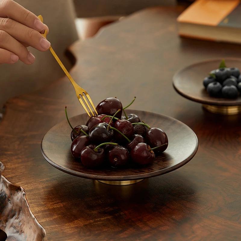 Wooden High Foot Tray Brass Base Fruit Tray Living Room Coffee Table Home Snack Dessert Cake Dish Dessert Candy Plate Home Decor