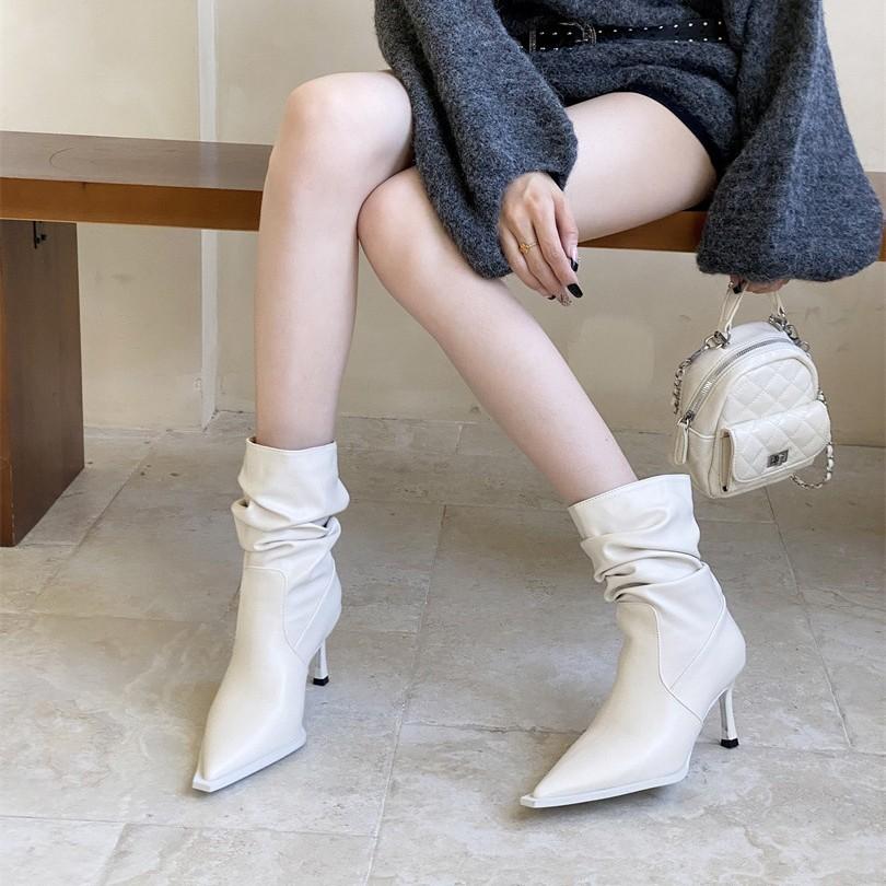 2025 winter fashion pleated piled boots women's high heel elastic thin boots pointed short boots thick heel Korean small bare boots