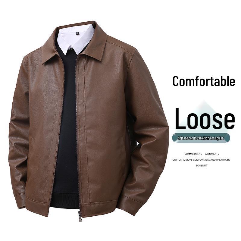 

Men s Slim Fit Turn-Down Collar Leather Jacket - Autumn Business Casual, Middle-Aged Dad s Top. M коричневый