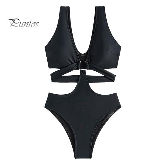 

Сексуальный цельный купальник с v-образным вырезом, без рукавов, с высокой талией, монокини с железным кольцом, повязка, сплошной цвет, быстросохнущее цельное бикини L