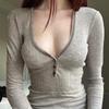 Women's Casual Solid Color Button Stitching Bottoming Tight-fitting T-shirt V-neck Top