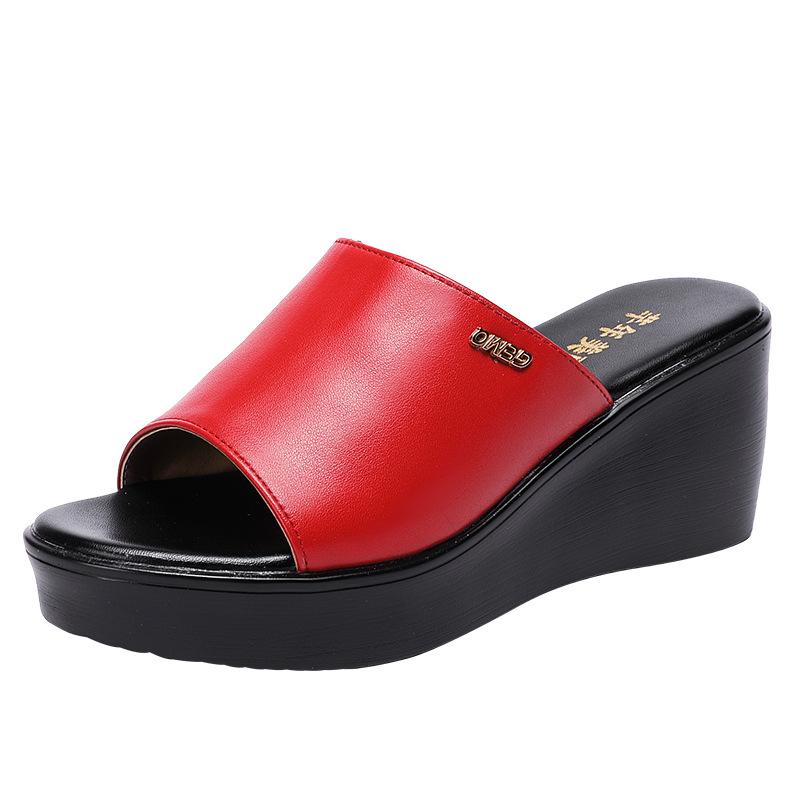 6cm Small Big Size 32-43 Comfortable Soft Leather Slippers Women Slides 2025 Summer Med Heels Platform Wedges Shoes Mom Beach