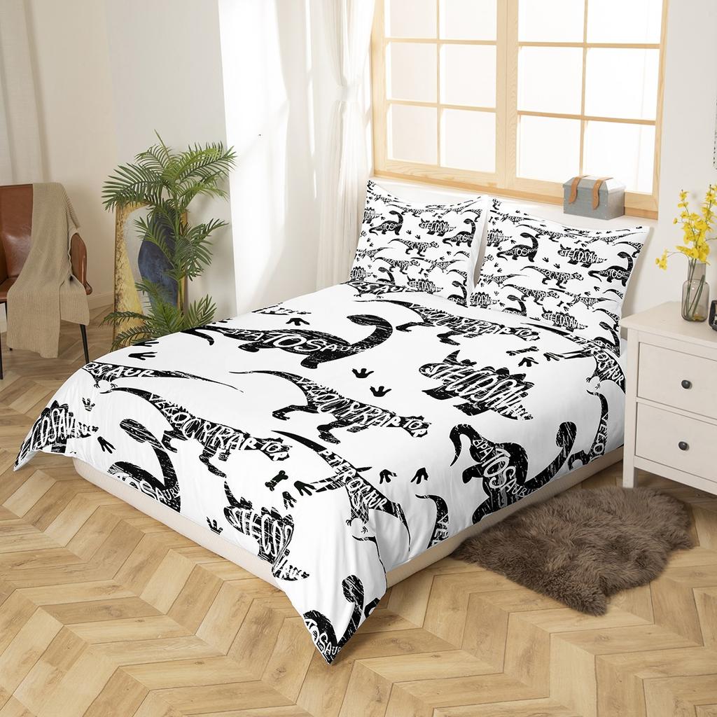 Colourful Dinosaur Duvet Cover For Kids Boys Girls Cartoon Dino Comforter Cover Floral Grass Mountain Bedding Set Wild Animal