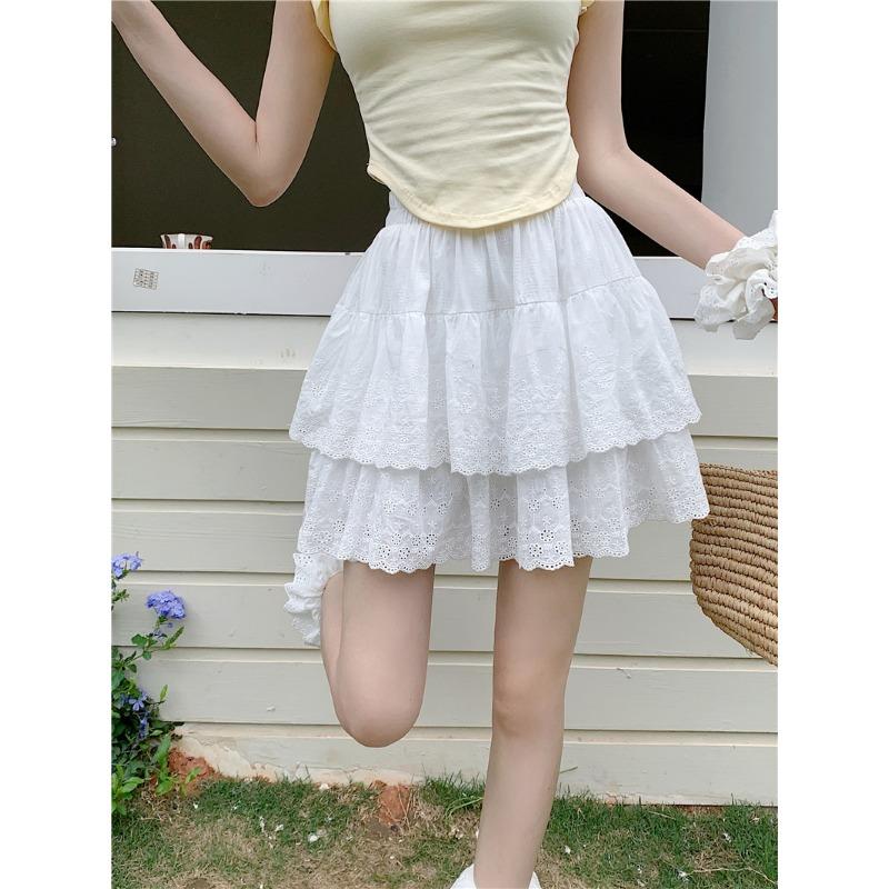 DX~~Gentle Wind Fluffy Cake Skirt Women's Summer High Waist Slim Hollow Lace A-line Half skirt