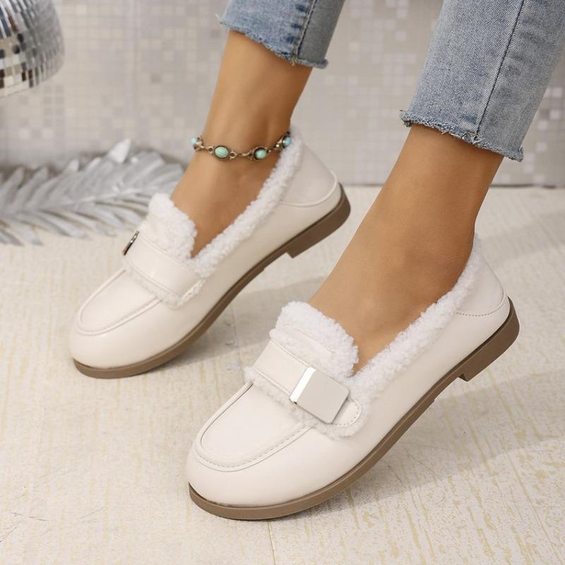 Fashion Women's Flat Shoes Winter New Round Head Deep Mouth Metal Buckle Thick Soft Sole Non-slip Cotton Shoes