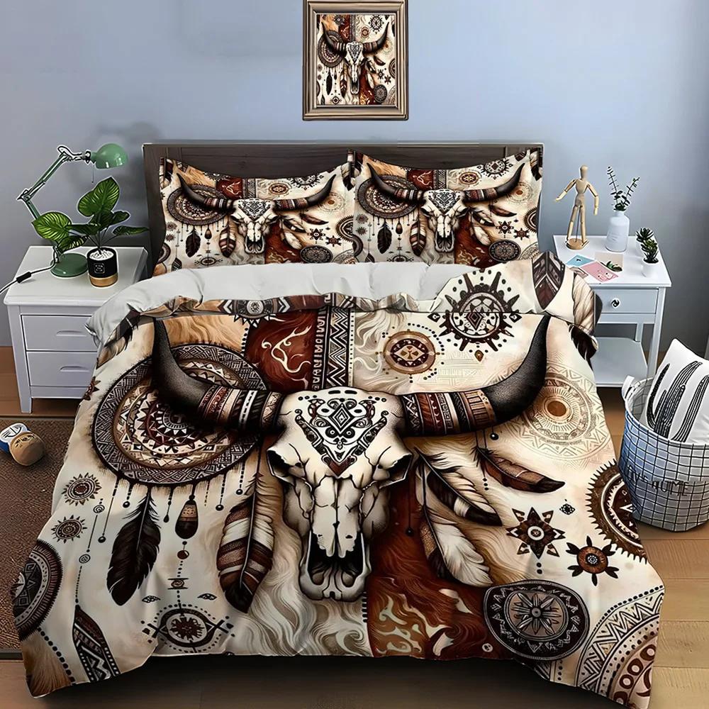 Native American Cattle Skull Art Print Bedding Set Duvet Cover 1 Duvet Cover 2 Pillowcases Adult and Kids Bedding Set Luxury