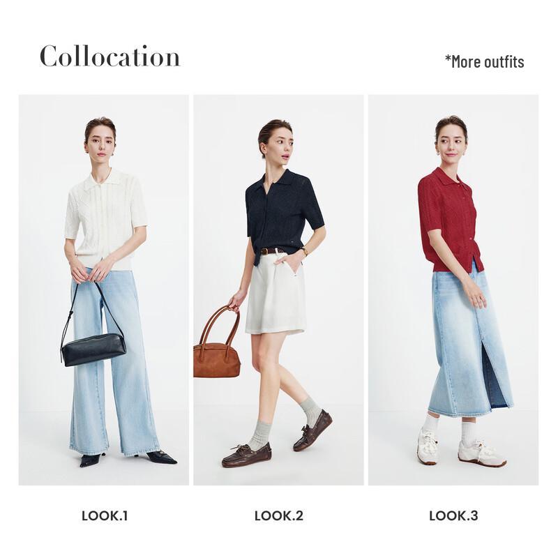 Navigare Women's Short Sleeve Cable Knit Polo Cardigan Top