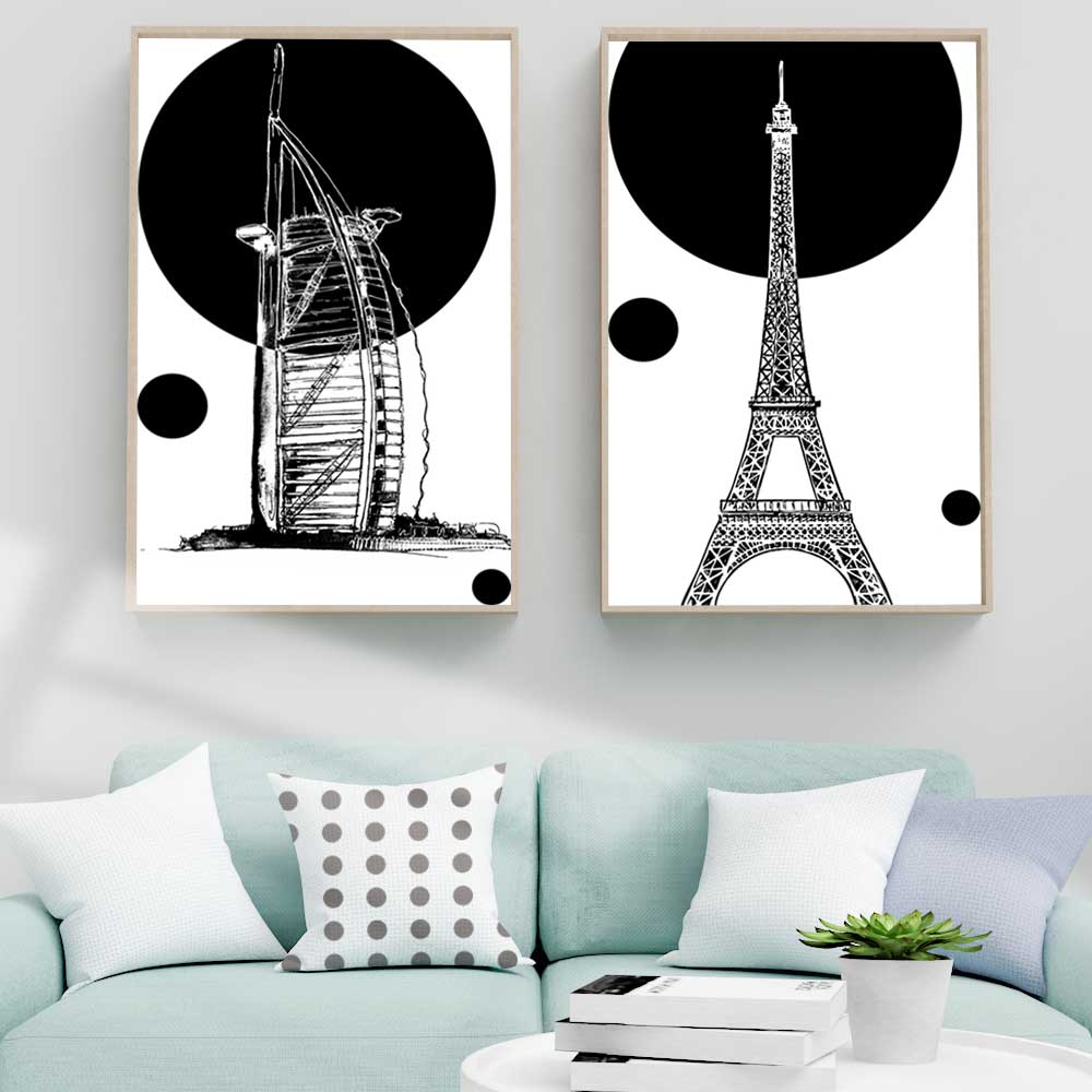 New Nordic Oil Painting Black and White Line Architectural Art Canvas Painting Living Room Corridor Office Home Decoration Mural No Frame