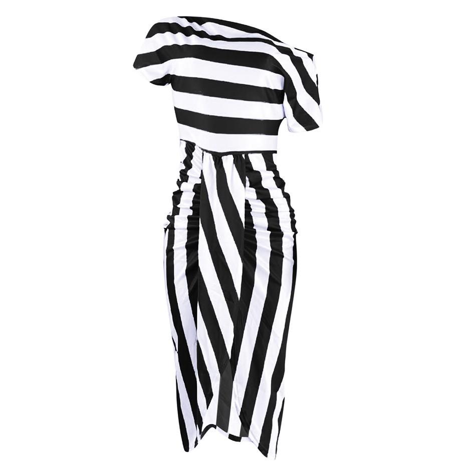 Ladies Sexy Slant Collar Off Shoulder Waist Striped Irregular Slit Dress