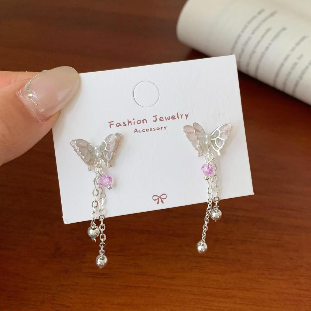 Orecchini a farfalla sfumati viola: Eleganti orecchini a forma di ago in argento per donna con un fascino fresco, dolce e fiabesco