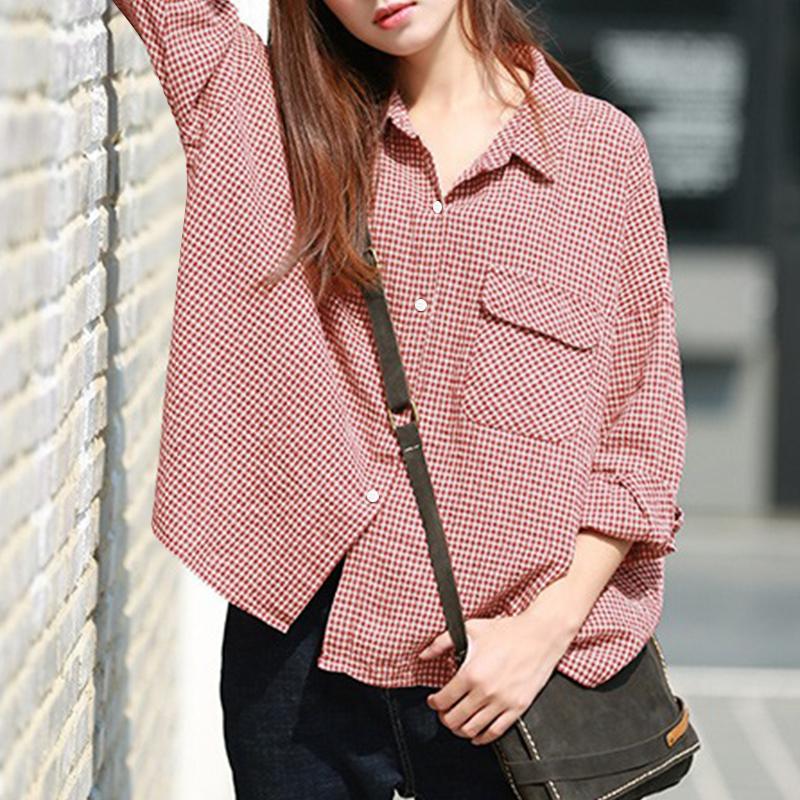 

ZANZEA Женская повседневная блузка свободного кроя с отложным воротником и клетчатым принтом 5XL темно-красного