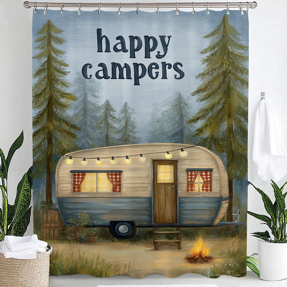 Happy Campers In Cartoon Forest Print Shower Curtain Bathroom Decoration Curtain,Hanging Curtain With Hooks Machine Washable