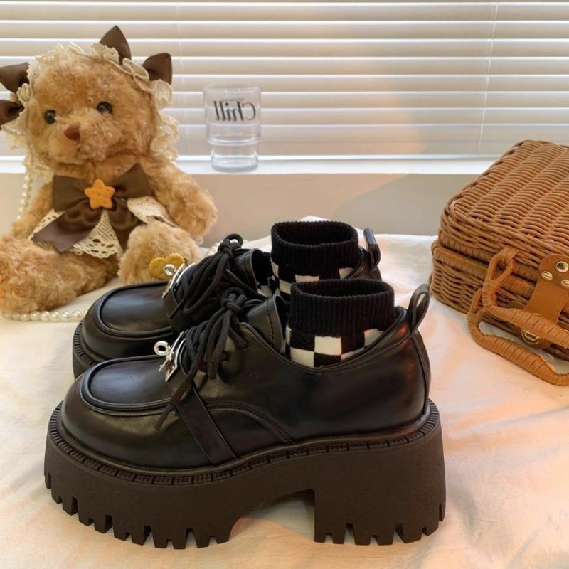 Autumn Platform Small Leather Shoes Women's New Thick Heel Heightened Black Lace-up Cotton Shoes