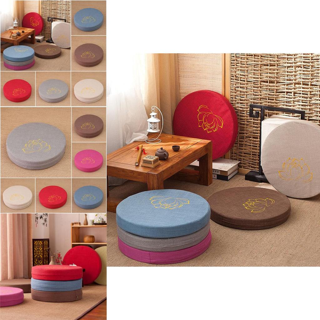 Plush Round Tatami Cushion Pad With Removable Washable Cover And Lotus Print