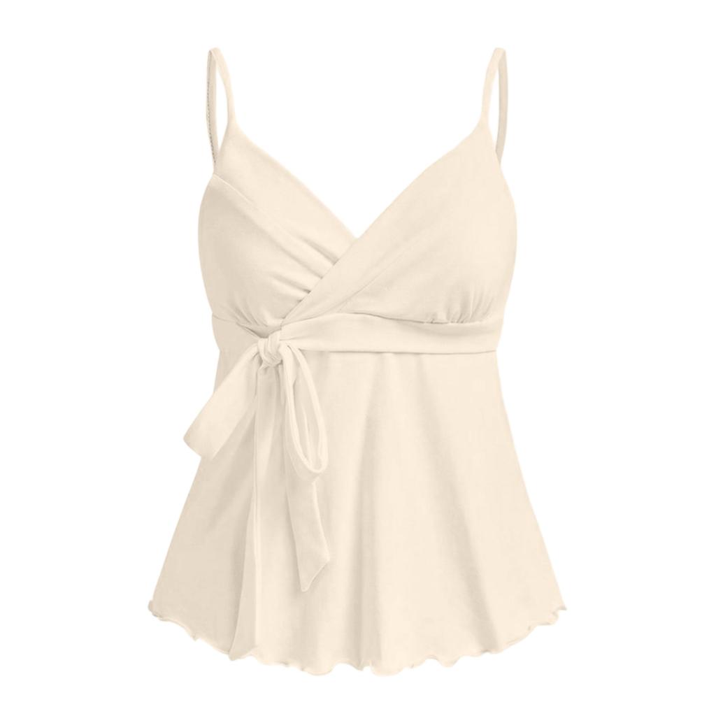 Haut cache-cœur sans manches à fines bretelles en V pour femme, taille à nouer réglable, ourlet fluide, débardeur décontracté d'été