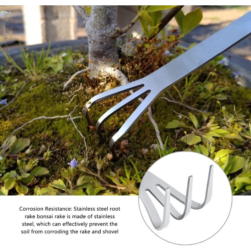 Stainless Steel Root Rake,Stainless Steel 3 Prong Root Rake Pick Loosen Soil Bonsai Tree Tool Set for Gardening Plants