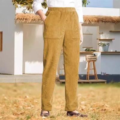 Corduroy Casual Pants Elastic Waist Women Long Pants with Pockets Solid Color Straight Leg Commuting Office Travel Slacks