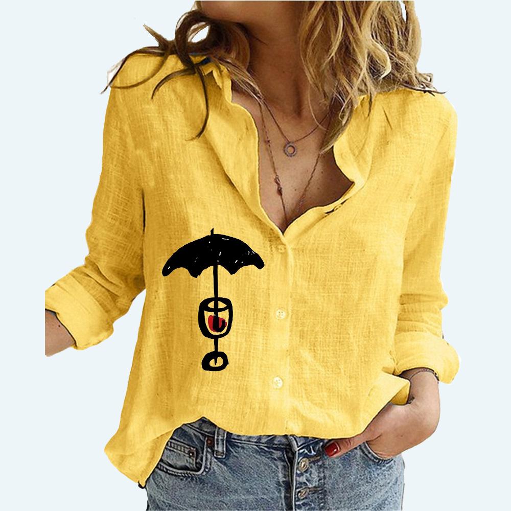

Женская модная футболка с длинным рукавом и воротником с лацканами, летняя и осенняя повседневная хлопково-льняная футболка с принтом, женские свободные блузки на пуговицах 5XL жёлтый