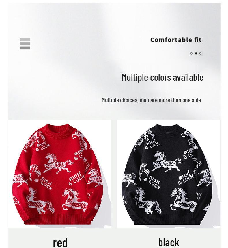 Unisex Festive Red Year of the Horse Round Neck Sweater - Chinese Zodiac Base Layer Knitwear
